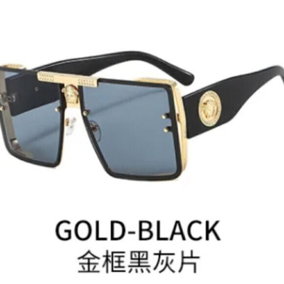 Black Sports Sunglasses Rivet Metal Frame Large Square Gold Frame